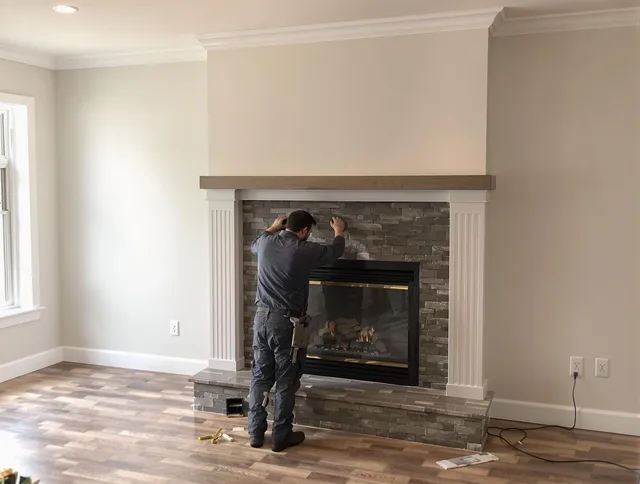 Mayfield Heights Chimney Sweep finishing a custom fireplace install in Mayfield Heights, OH